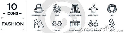 fashion linear icon set. includes thin line fashionable hand bag, skirt with white lining, wig, eyewear, dangling earrings, style Vector Illustration