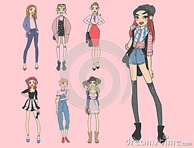 Fashion look girl beautiful girl woman female pretty young model style lady character vector illustration Vector Illustration