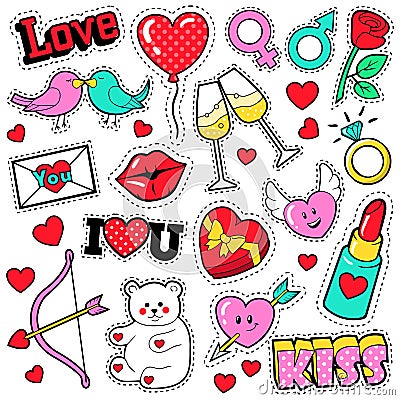 Fashion Love Badges Set with Patches, Stickers, Lips, Hearts, Kiss, Lipstick in Pop Art Comic Style Vector Illustration