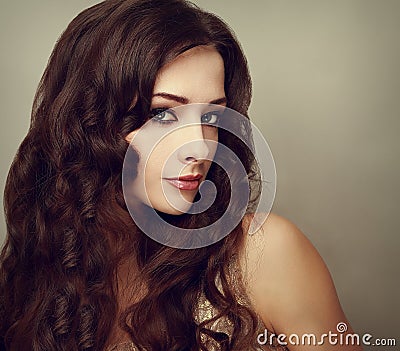 Fashion luxury female model with long curly hair. Vogue Stock Photo
