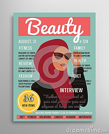 Magazine cover template about beauty, fashion and health for arab muslim women. Vector illustration Vector Illustration