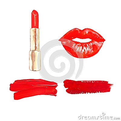 Fashion make up illustration of hand painted red lipstick and lips isolated on white background. Smears of lipstick Cartoon Illustration