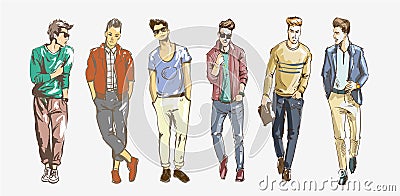 Fashion man. Collection of fashionable men s sketches on a white background. Men casual fashion illustration Vector Illustration