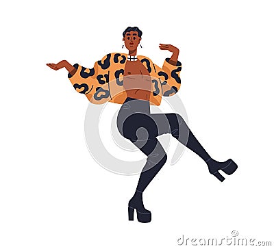 Fashion man dancing in vogue style. Contemporary dancer during catwalk, hands and legs performance, movements. Sexy Vector Illustration