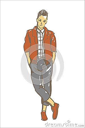 Fashion man vector illustration. Fashion man in casual brown jacket. Fashion model guy sketch Vector Illustration