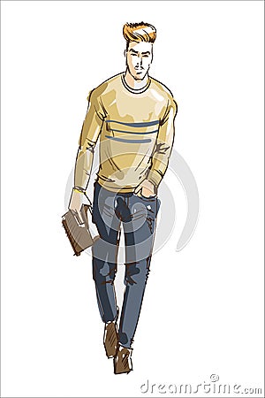 Fashion man vector illustration. Fashion man with modern hair style and casual sweater and lether handbag. Fashion model Vector Illustration