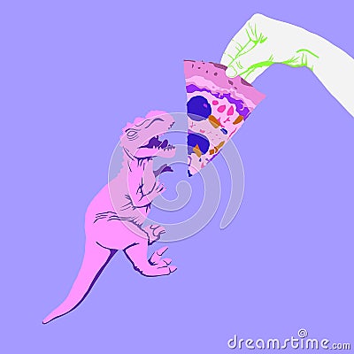 Fashion mimimal illustration. Hungry dinosaur pizza lover, junk food concept Cartoon Illustration