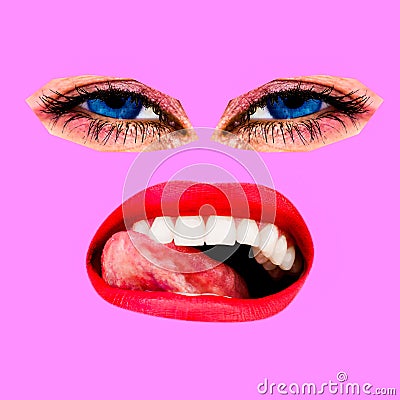 Fashion Minimal art collage. Emotions Licking mouth and eyes. Fun art Stock Photo