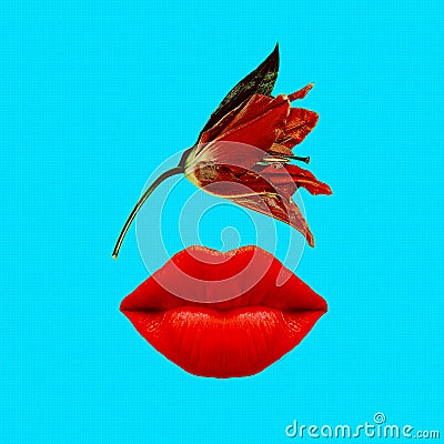 Contemporary art collage. Cosmetics and perfume concept. Red lips and flower. Stock Photo