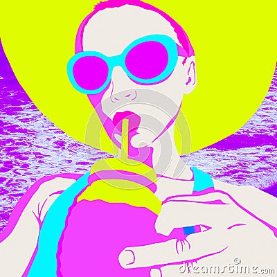 Fashion minimal illustration. Stylish vacation girl. Relax tropical ocean mood Cartoon Illustration