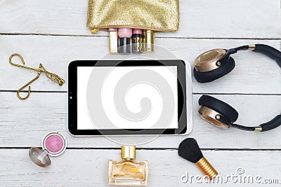 Fashion mockup with business lady accessories and electronic devices. Stock Photo