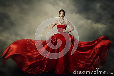 Fashion Model Art Dress, Elegant Woman Red Retro Gown Stock Photo