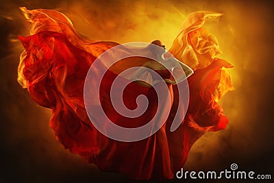 Fashion model art fantasy fire dress, blindfolded woman dreams Stock Photo