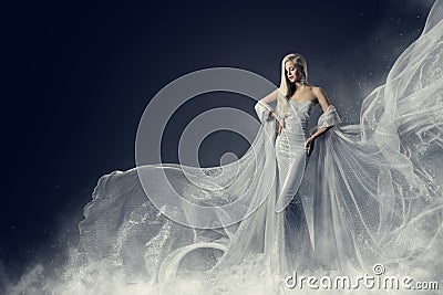 Fashion Model Beauty Dress, Waving Silver Cloth Gown, Woman Stock Photo