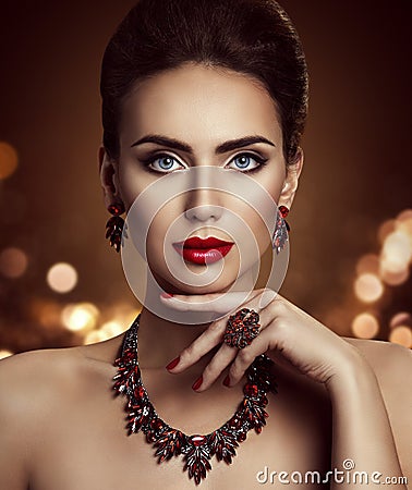 Fashion Model Beauty Makeup and Jewelry, Woman Face Make Up Stock Photo
