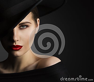 Fashion Model Beauty Portrait, Woman Beauty, Elegant Black Hat Stock Photo