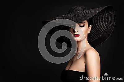 Fashion Model Black Hat, Elegant Woman Beauty Retro Portrait, Wide Broad Brim Hat Stock Photo