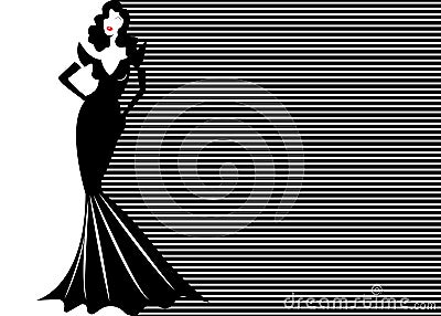 Fashion model in black and white striped background, woman in glamour long black dress vogue style. Vector banner template Vector Illustration