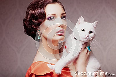 Fashion model with cat Stock Photo