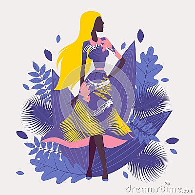 Fashion model demonstrating new clothes collection, vector illustration. Attractive slim girl in elegant dress on cover Vector Illustration