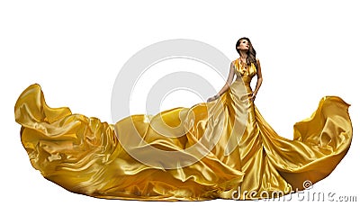 Fashion Model Dress, Woman Dance in Long Gown, Waving Golden Silk Fabric, Beautiful Girl on White Stock Photo