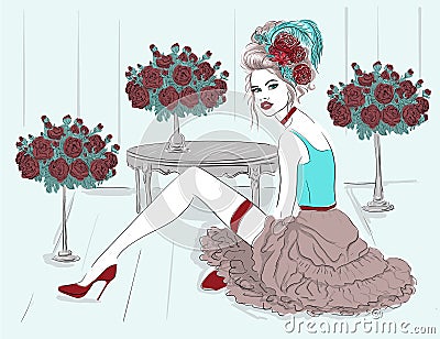 Fashion model in flower room Vector Illustration