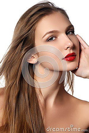 Fashion model girl portrait with long blowing hair. Glamour beau Stock Photo