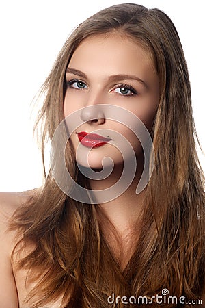 Fashion model girl portrait with long blowing hair. Glamour beautiful woman with healthy and beauty brown hair. Hair cosmetics Stock Photo