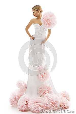 Fashion Model Long Dress Art Flowers, Elegant Woman White Gown Stock Photo