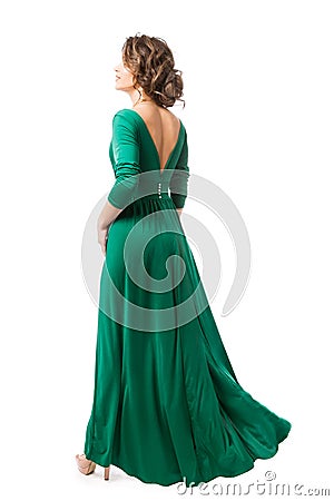 Fashion Model in Long Dress Back view, Woman Beauty in Gown Rear view, Full Length on White Stock Photo