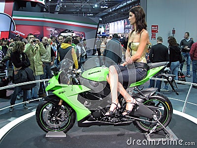 Fashion model posing on a Kawasaki Ninja ZX-10R Editorial Stock Photo