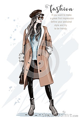 Fashion model posing. Stylish beautiful woman in coat and cap. Hand drawn fashion woman. Sketch. Vector Illustration