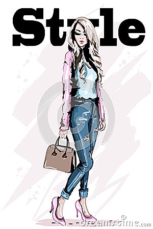 Fashion model posing. Stylish beautiful young woman with bag. Hand drawn blond hair woman. Sketch. Vector Illustration