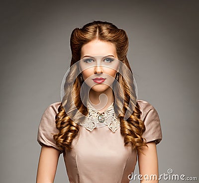Fashion Model Retro Hairstyle, Elegant Woman Old Fashioned Curly Hair Style, Young Girl Beauty Portrait Stock Photo