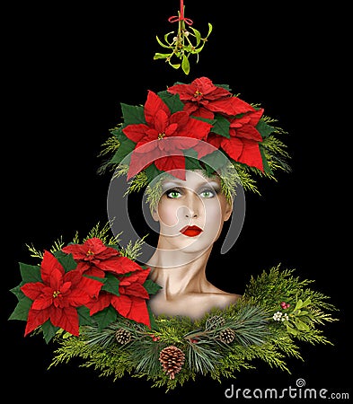 Fashion Christmas Fantasy With Mistletoe and Poinsettias Stock Photo