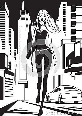 Fashion model is walking on a street in New York City Vector Illustration