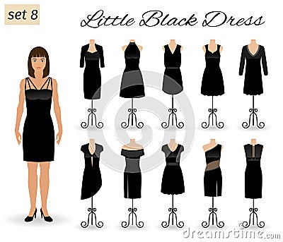 Fashion model woman in little black dress. Set of cocktail dresses on a mannequins. Vector Illustration