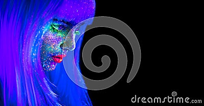 Fashion model woman in neon light. Beautiful model girl with colorful bright fluorescent makeup isolated on black. Ultraviolet Stock Photo