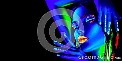 Fashion model woman in neon light, portrait of beautiful model girl with fluorescent makeup, Body art design in UV Stock Photo