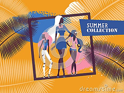 Fashion models demonstrating new summer clothes collection, vector illustration. Attractive slim girls in modern outfit Vector Illustration