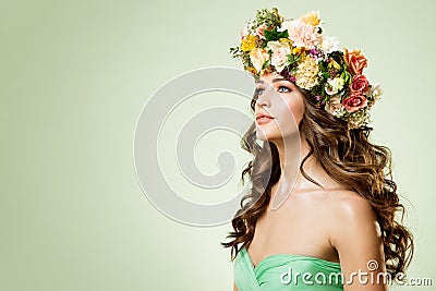 Fashion Models Flowers Wreath Beauty Portrait, Woman Makeup Hairstyle with Roses, Beautiful Girl Flower in Hair Stock Photo