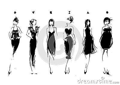 Fashion models in sketch style. Collection of evening dresses. Female body types. Vector Illustration