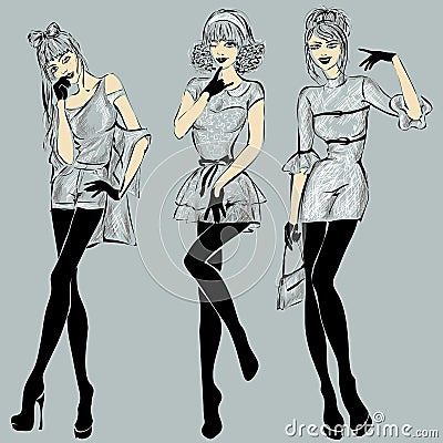 Fashion models in sketch style fall winter Cartoon Illustration