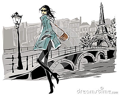 Fashion models in sketch style fall winter with Paris city background Cartoon Illustration