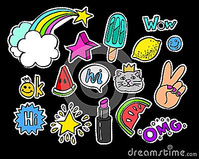 Fashion modern doodle cartoon patch badges or stikers with speach bubbles Vector Illustration