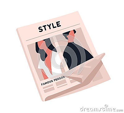 Fashion newspaper with crumpled page vector flat illustration. Paper magazine sheet with stylish man and woman image Vector Illustration