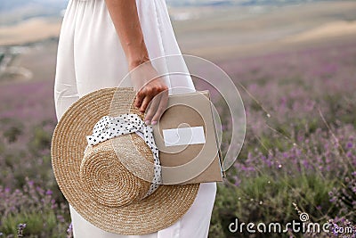 Woman in elegant white dress and straw hat posing in provence la Stock Photo