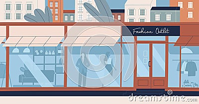 Fashion outlet, mass market apparel store, trendy clothing boutique, front facade of shopping center. Women, buyers or Vector Illustration