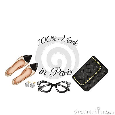 Fashion Parisian items - quilt bag - pointed shoes - glasses and pearls Cartoon Illustration