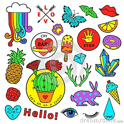 Fashion patch badge elements in cartoon 80s-90s comic style. Set modern trend doodle pop art sketch. Vector Illustration